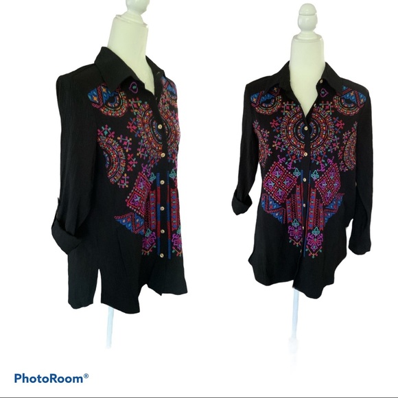 Calessa Black Multicolor Bohemian long sleeve embroidered button down shirt S - Picture 2 of 16